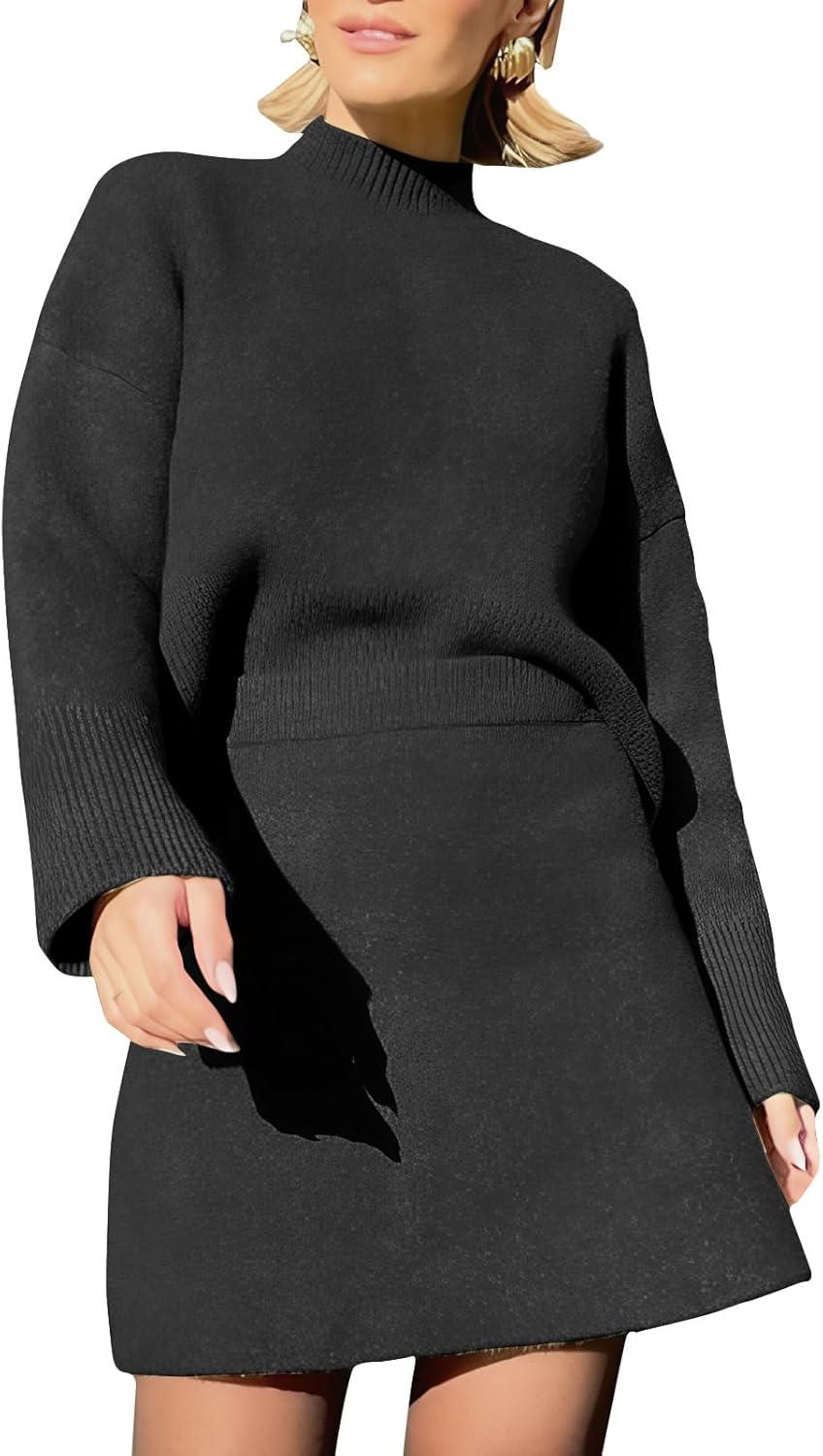 EXLURA Womens 2 Piece Outfits Casual Sweater Dress Sets Long Sleeve Mock Neck Ribbed Knit Tops Bodycon Skirts Winter Clothes