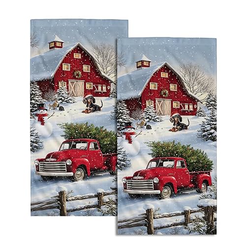 Giwawa Red Truck Hand Towels Winter Xmas Tree Bath Fingertip Towel Set of 2 Soft Absorbent Holiday Kitchen Dish Wash Cloth for Bathroom Hotel Gym