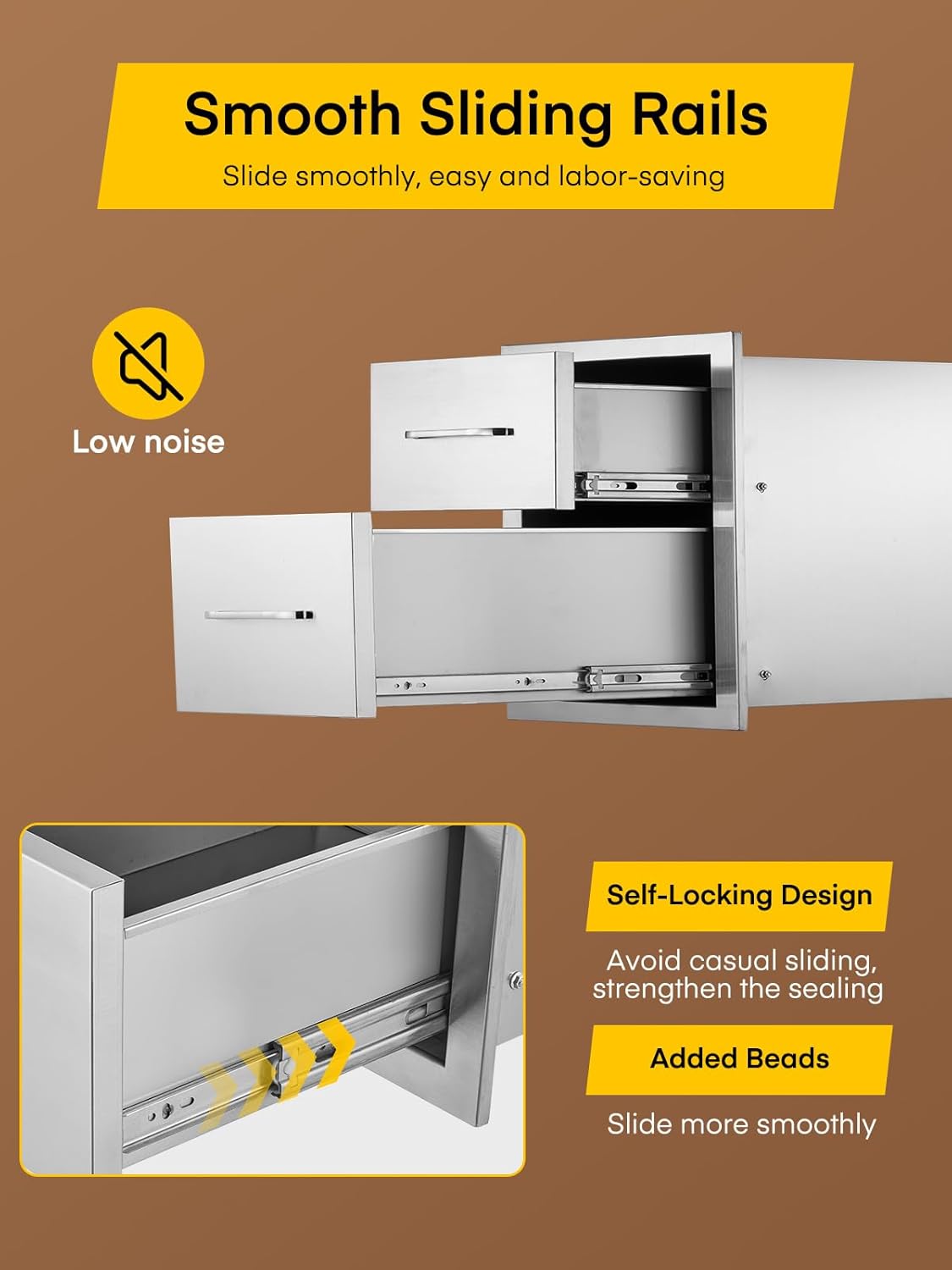 FOHERE Outdoor Kitchen Drawers Stainless Steel Cabinet, 2-Drawer BBQ Access Drawer 14" W x 14.5" H x 23" D Enclosed Built-in Drawer Flush Mount for Outdoor Kitchens & BBQ Islands