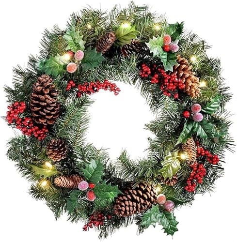 40CM Lighted Christmas Wreath for Front Door,Green Christmas Door Wreath Decoration with Pinecones Golden Berries,Eucalyptus Leaves, Battery Operated 10 LED Lights (Color E)