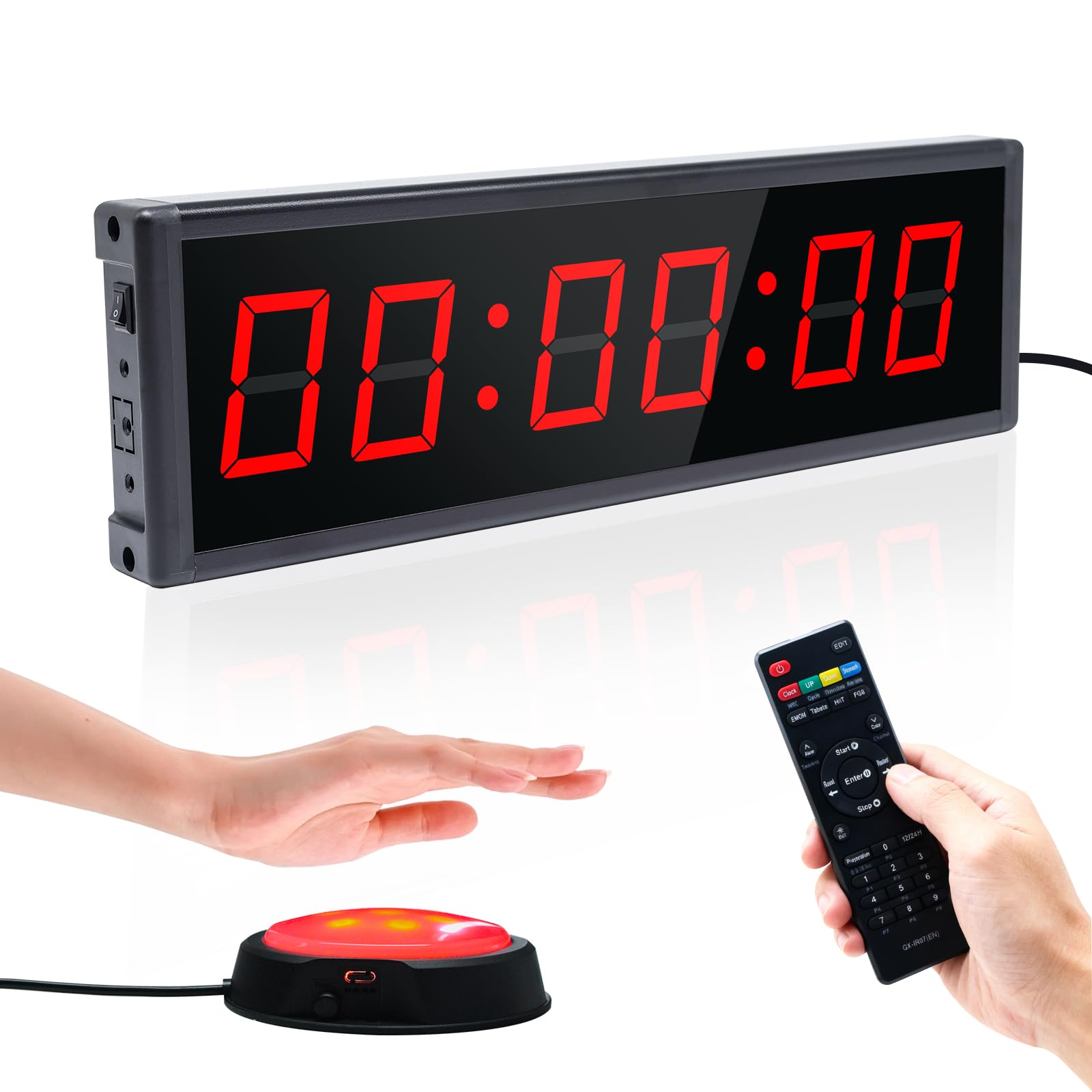 Gym Timer, Reloj de Pared Digital 12/24H con Botón Inalámbrico de Inicio/Parada, Cronometro, Temporizador Digital con Mando a Distancia, Cronometros Deportivos para HIIT/Tabata/FGB(1 botón)