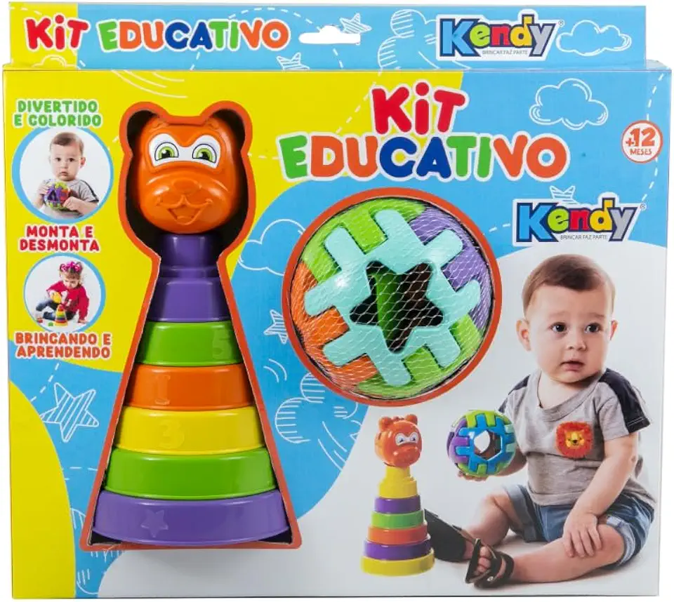 Kendy KIT Educativo 1 Urso Educativo com 6 anéis coloridos e 1 Bola Educativa Tamanho M com 6 formas Geométricas