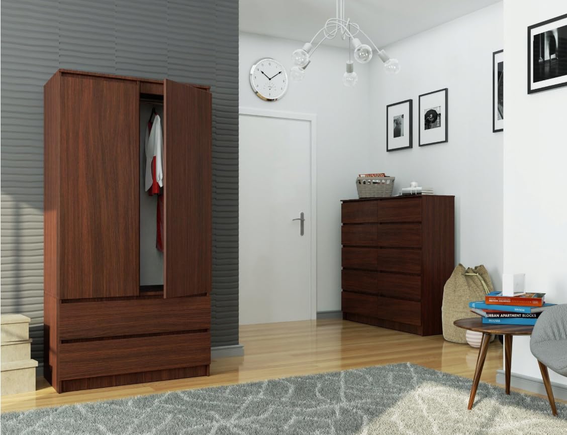 BDW armadio 2 ante, 4 ripiani, appendiabiti, 2 cassetti, appendiabiti, armadio a cassetti, armadio per camere da letto, soggiorni, 180x90x51cm, (Venga)