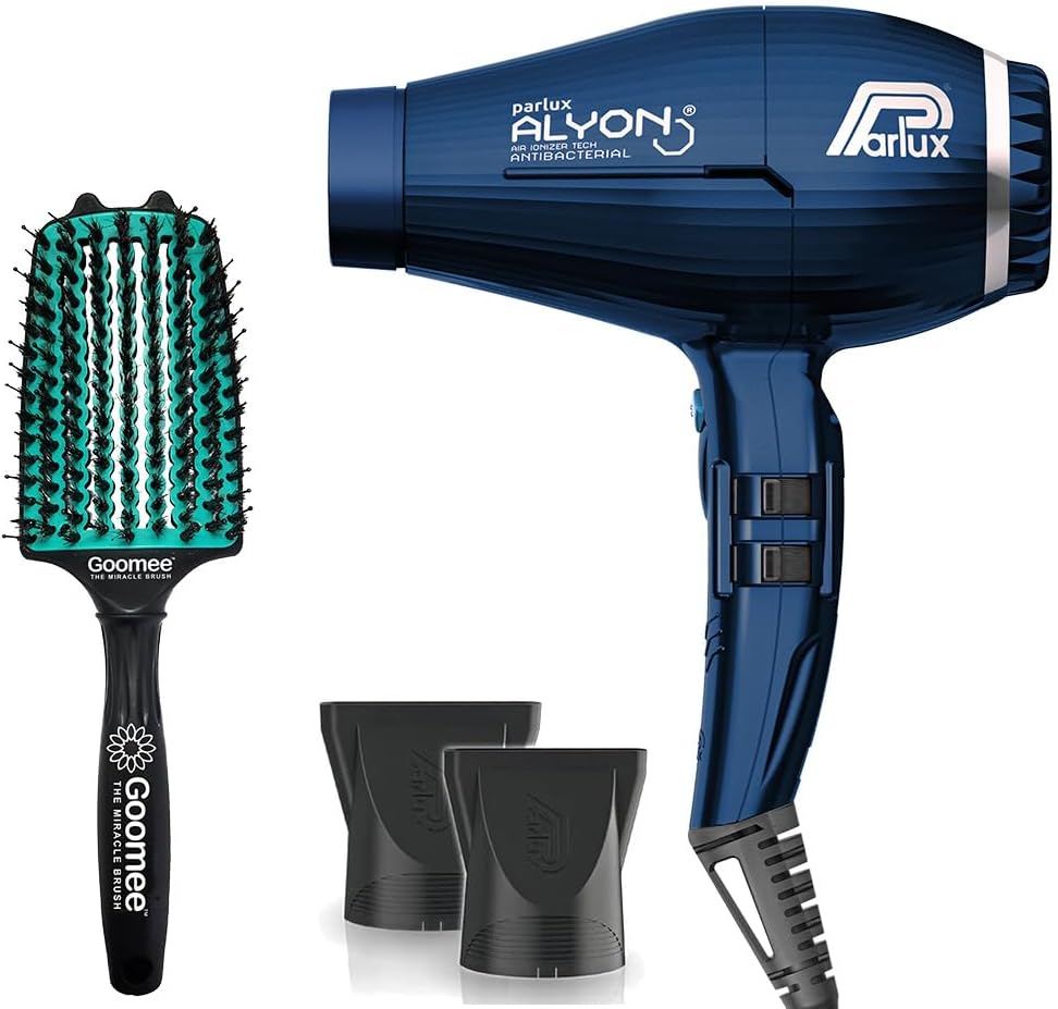 Parlux Alyon Night Blue Hair Dryer with Miracle Large Detangling Brush Mint Green – Ionic and Ceramic Blow Dryer and Dual Bristle Brush for Fast Drying, Frizz Control, and Shine