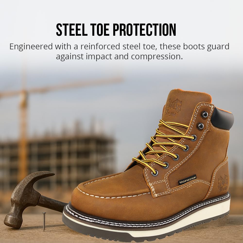 WOLF Heavy Duty Men’s Work Boots – Genuine Leather, Oil & Slip Resistant, Water Proof, Insulated Safety Construction Boots for Men