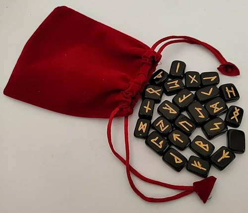 Miniatura 3 de Nirdesh Juego de piedras rúnicas de obsidiana con runas de cristal, piedras preciosas vikingas de élder futhark para reiki, curación dorada,