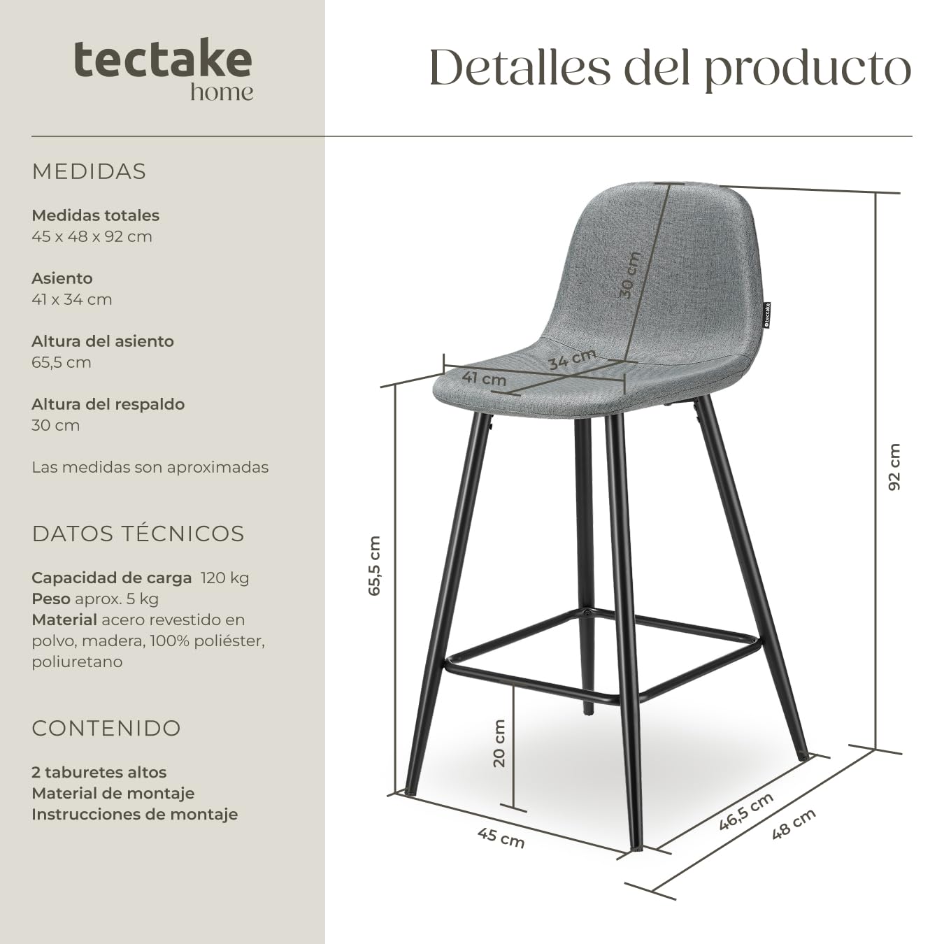 tectake® Taburete Alto con Respaldo, Acolchado, Reposapiés, Tejido Fácil De Cuidar, Patas De Acero, Pies Antideslizantes, Altura Ajustable, Silla Cocina o Bar, Banqueta - 2 sillas Gris Oscuro/Negro