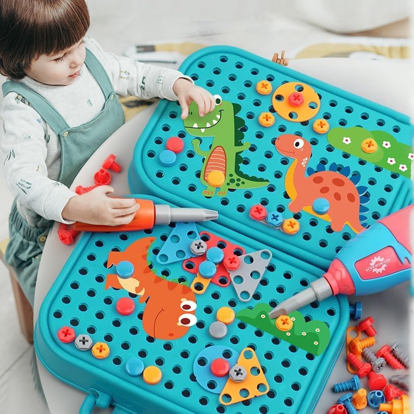 363Pcs Dinosaur Magic Montessori Screw and Drill Puzzle Toy Set,Kids Screwdriver Toy Set,Educational Construction Building kit,2D/3D Creativity Tool Educational Toys Gift for Age 3-12 Years Old Boys
