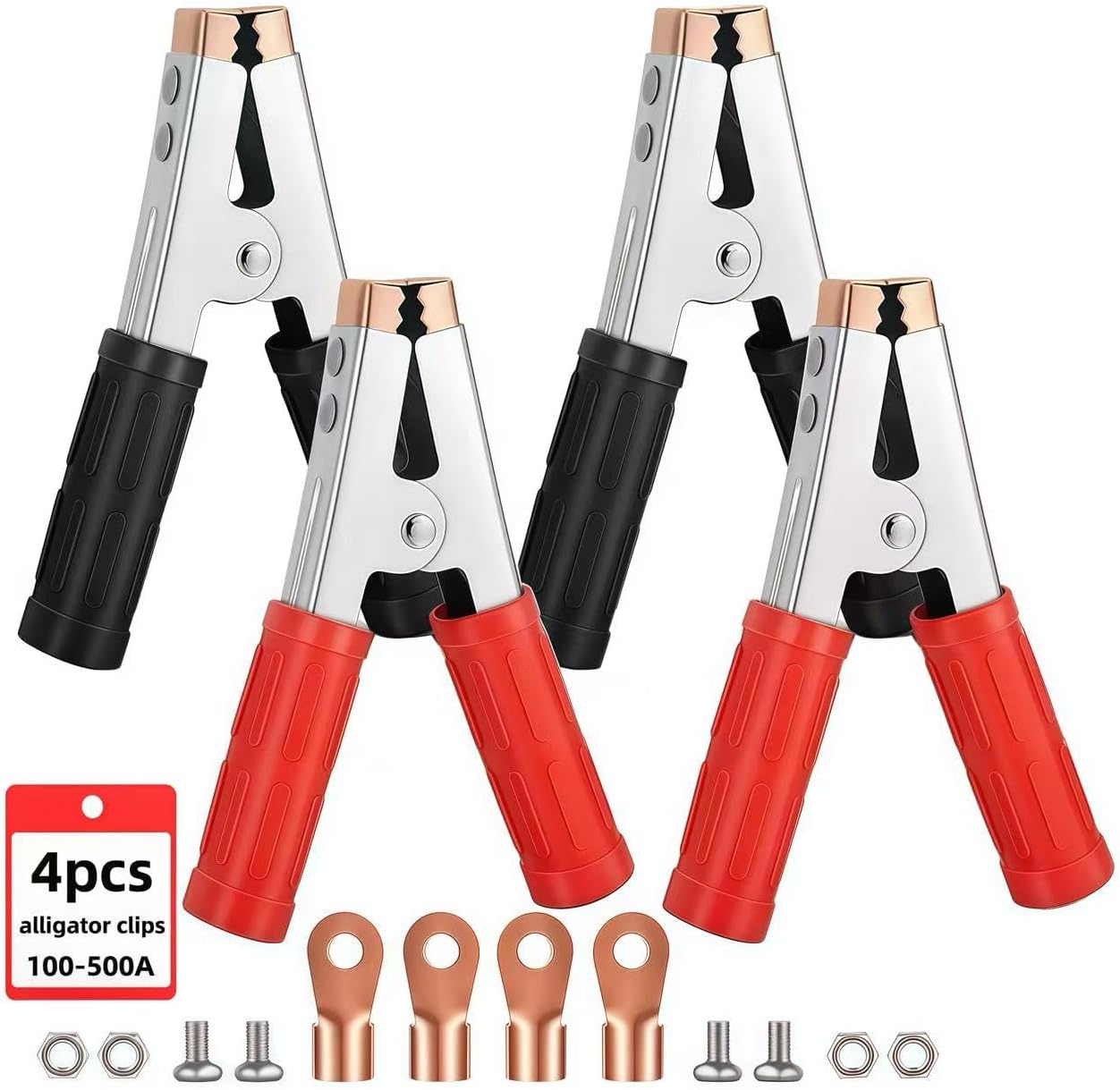 4-Pack Large Size Insulated Alligator Clips Electrical, 500A Spring Loaded Battery Charger Clamps for Car/Truck Battery & Industrial Electric Testing (Black and Red)