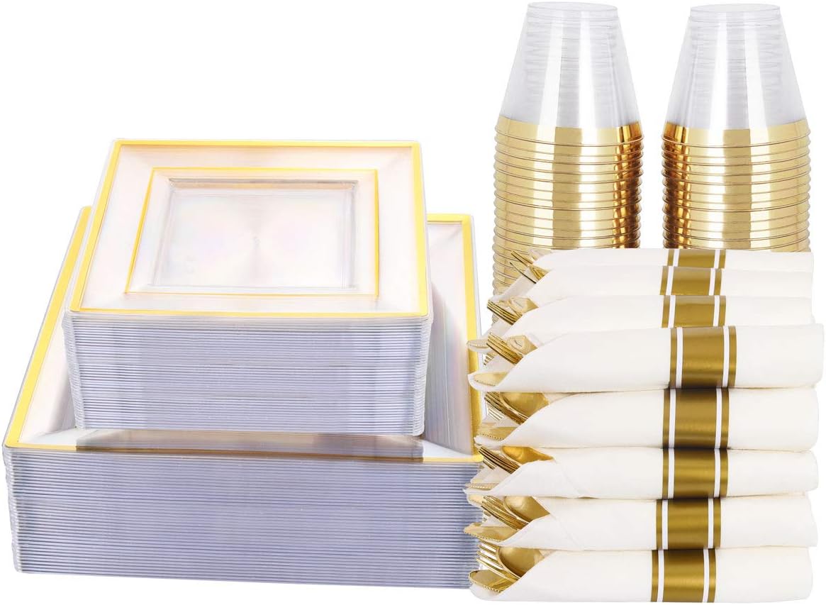 LLSF 140PCS Clear Gold Plastic Plates,Gold Disposable