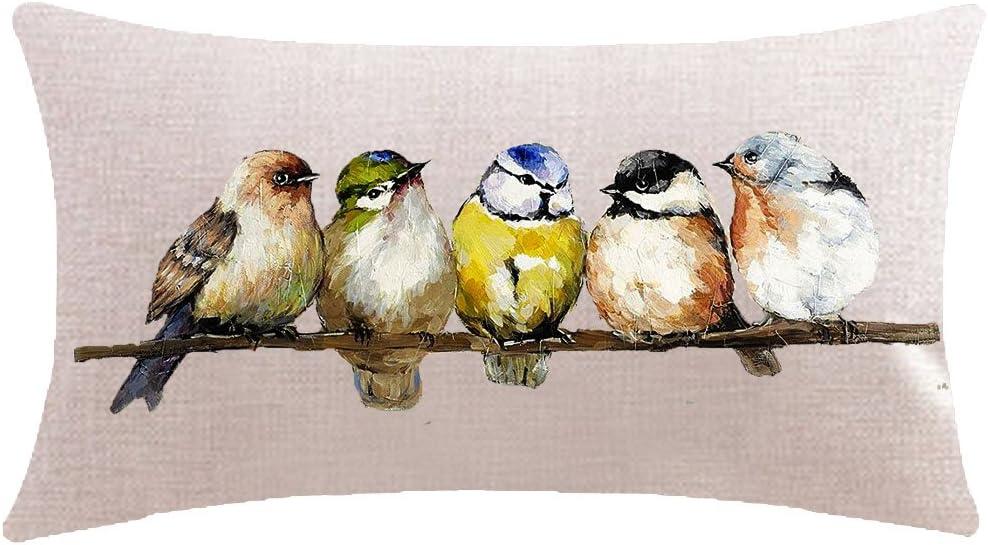 Hand-Painted Oil Painting Rustic Forest Wildlife Birds Tree Branches Waist Lumbar Cotton Linen Throw Pillow Case Cushion Cover Long Oblong 12x20 inches (Light Yellow)