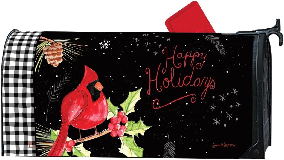 Studio M Decorative Christmas Cardinal Bird MailWrap Fits Standard Size 6.5 x 19 Inch Mailbox Weather Resistant Vinyl Red and Black White Plaid Happy Holiday