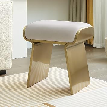 homary Modern Vanity Stool with Leath-aire Upholstery & Gold Stainless Steel Frame Breathable Backless Makeup Chair with High-Resilient Foam Cushion Elegant Ottoman for Bedroom, Dressing Table