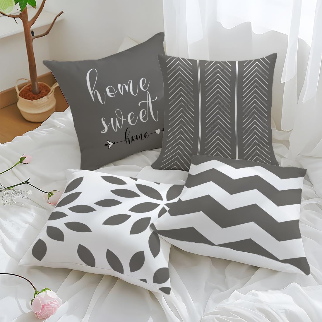 Penguin Home Set Of 4 100% Slub Cotton Fabric Cushion Covers 45cm X 45cm Double Sided Square Pillow Covers With Invisible Zipper Pillow Cases For Living Room, Bedroom, Sofa (Orange/Grey - View #6