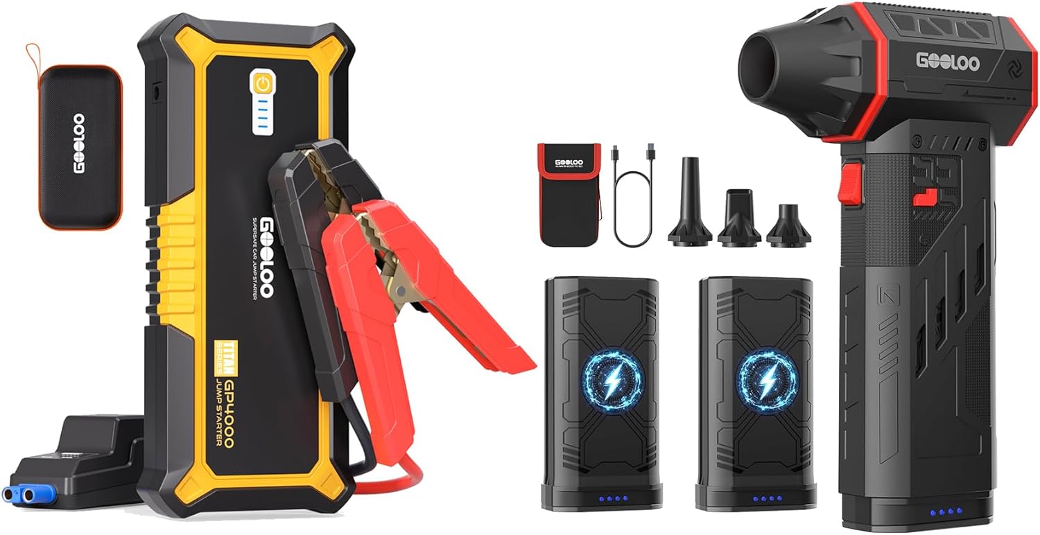 GOOLOO GP4000 Jump Starter 4000A Peak Car Starter & GOOLOO F5 Compressed Air Duster, Dual Removable Batteries, 180,000RPM Electric Air Duster