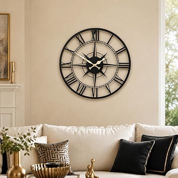 Empire Compass Black Metal Roman Wall Clock 15 Inch, Luxury Compass-Inspired Design with Gold Hands, Modern Decorative Wall Clock for Living Room, Bedroom & Office