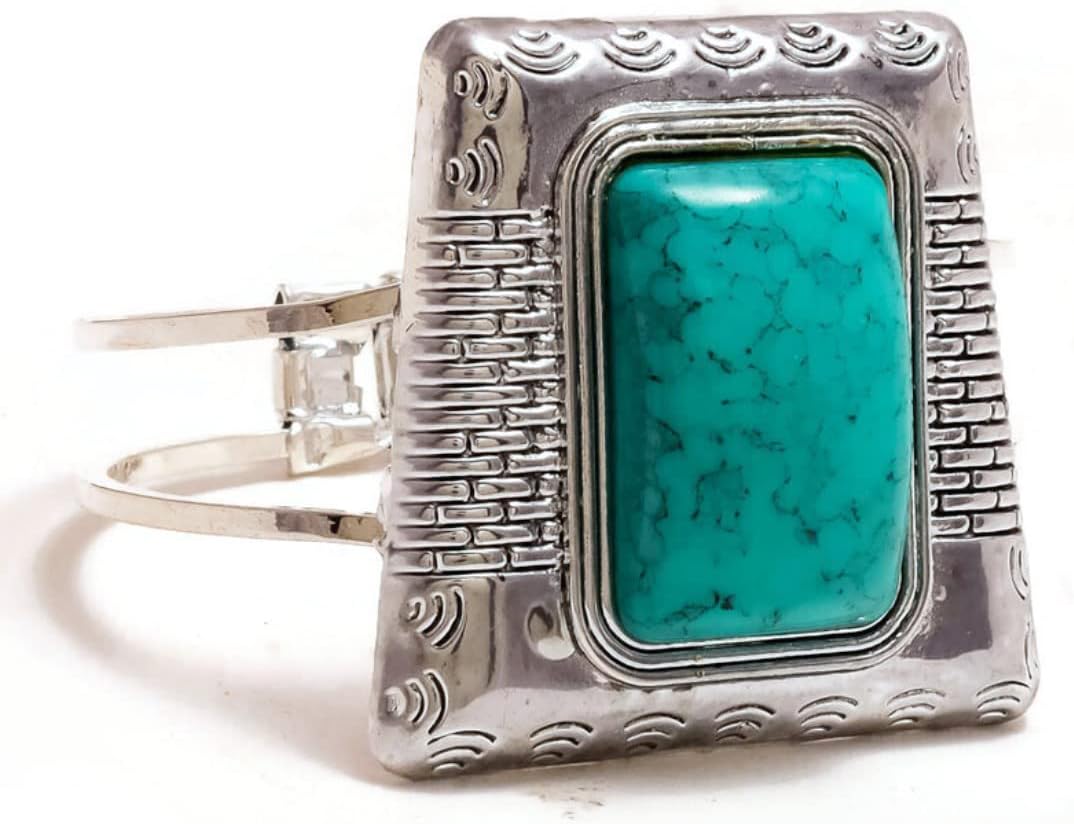 Turquoise Cabochon Rectangle Gemstone Silver Plated Handmade Engraved Cuff Bangle Bracelet