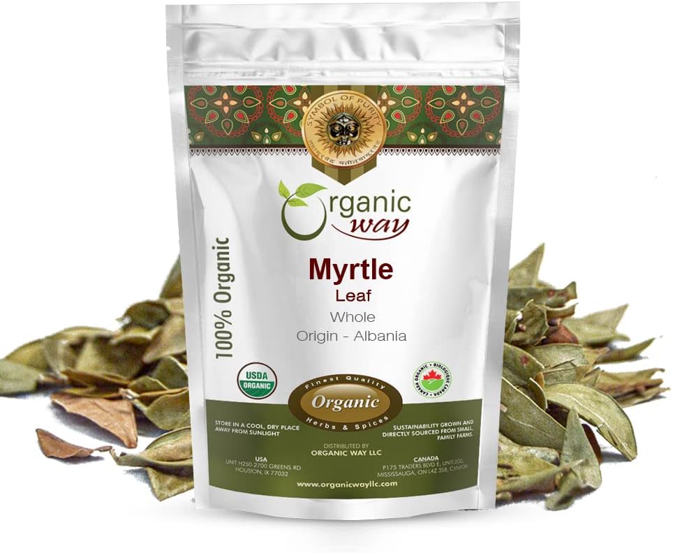 Organic Way Dried Myrtle Leaf Whole (Myrtus communis) - European Wild-Harvest | Organic & Kosher Certified | Raw, Vegan, Non GMO & Gluten Free | USDA Certified | Origin - Albania (1/4LBS / 4Oz)