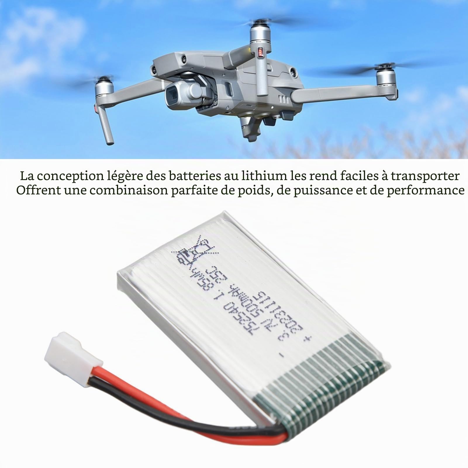 Batterie au Lithium 3,7 V 500 MAh, Batterie Lithium-ION Polymère avec Prise XH2.54, Batterie 752540 pour Accessoires d'avion Drone X5C