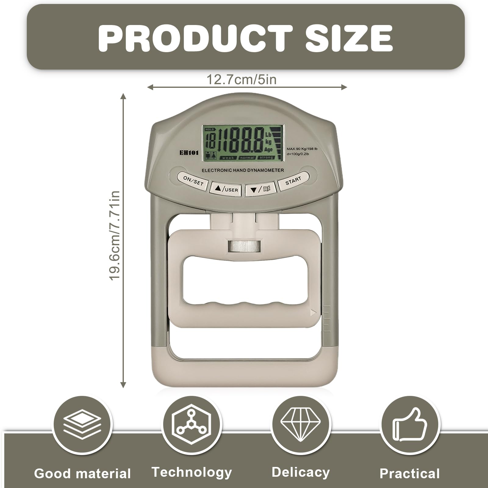 Appareil de musculation numérique à main - 90 kg - Avec câble de charge USB - Entraîneur de force de préhension électronique - Grand écran LED - Gris et blanc