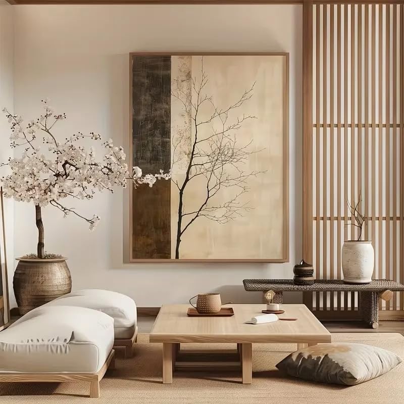 Lienzo beige de ramas abstractas para decorar salones modernos y dormitorios estilo nórdico