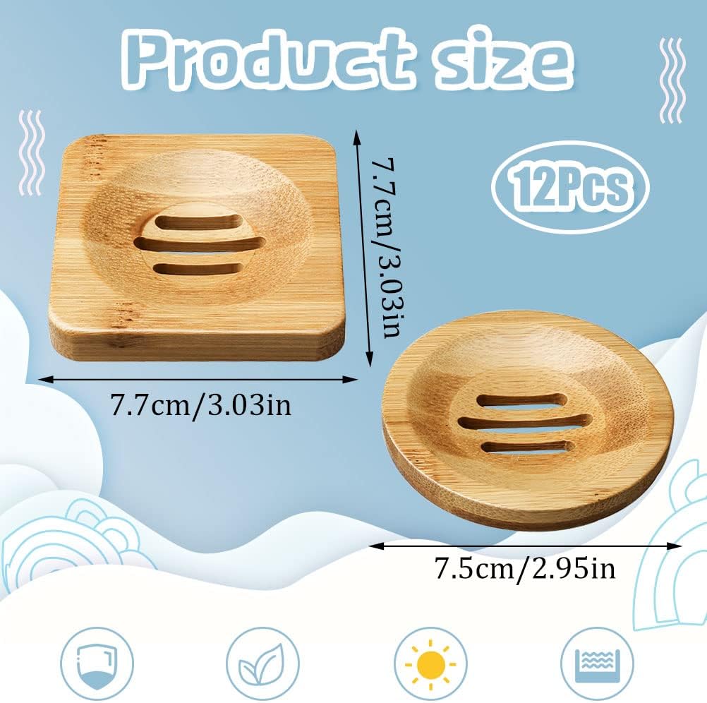 12-Pack Bamboo Soap Dishes, Square & Round Soap Holders for Bathroom image 3