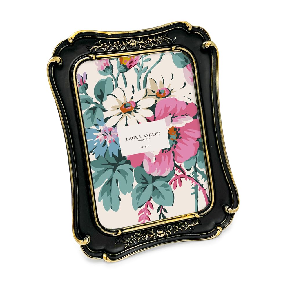 Laura Ashley (5x7 Vintage-Inspired Simple Ornate Picture Frame Black with Gold Edges, Horizontal & Vertical for Tabletop and Wall Display, Home D cor, Floral, Resin Frame (5x7, Black with Gold)