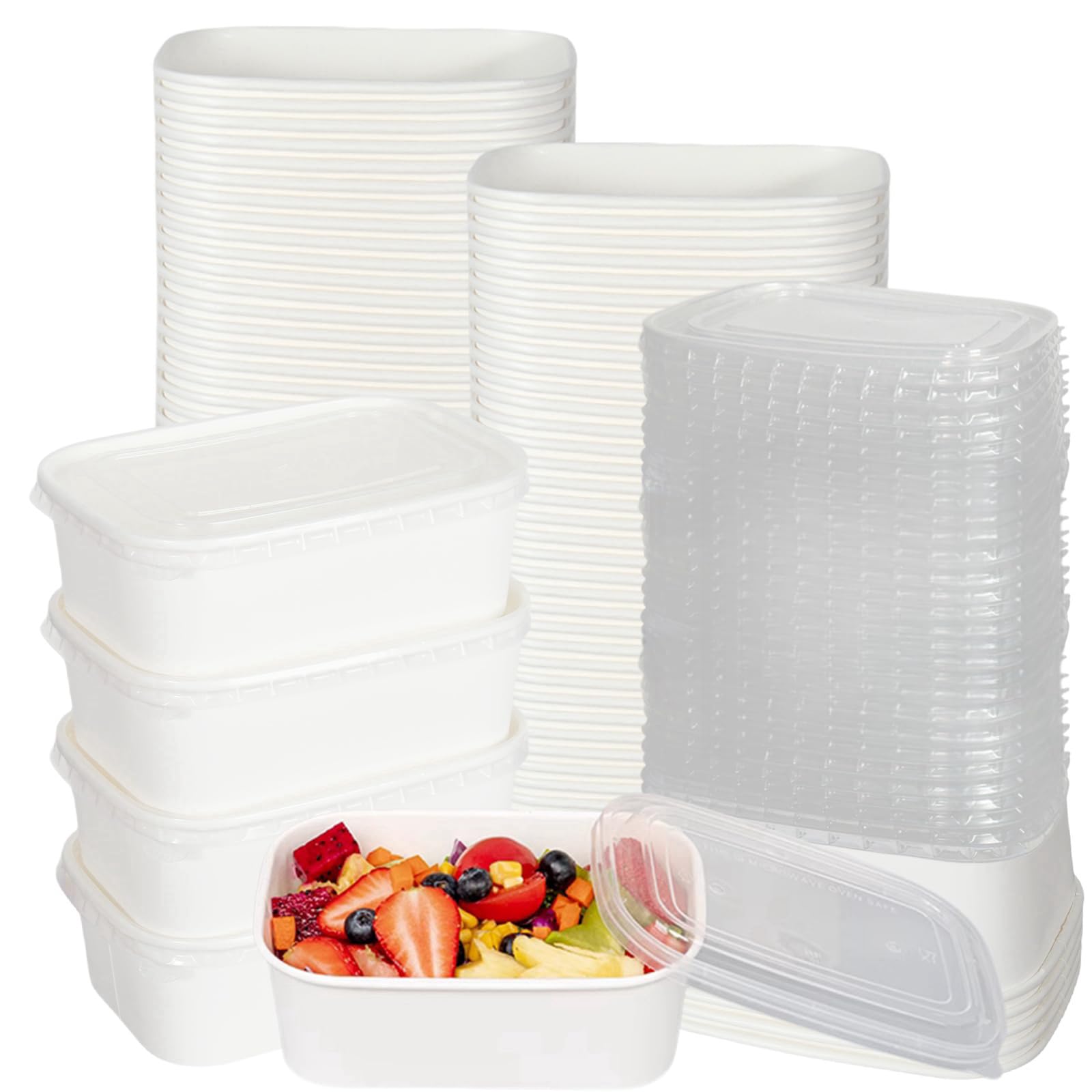 Paquete de 50 cuencos desechables para ensalada con tapas, recipientes de papel kraft blanco de 25 onzas, cuencos de sopa rectangulares a prueba de aceite para preparación de comidas,