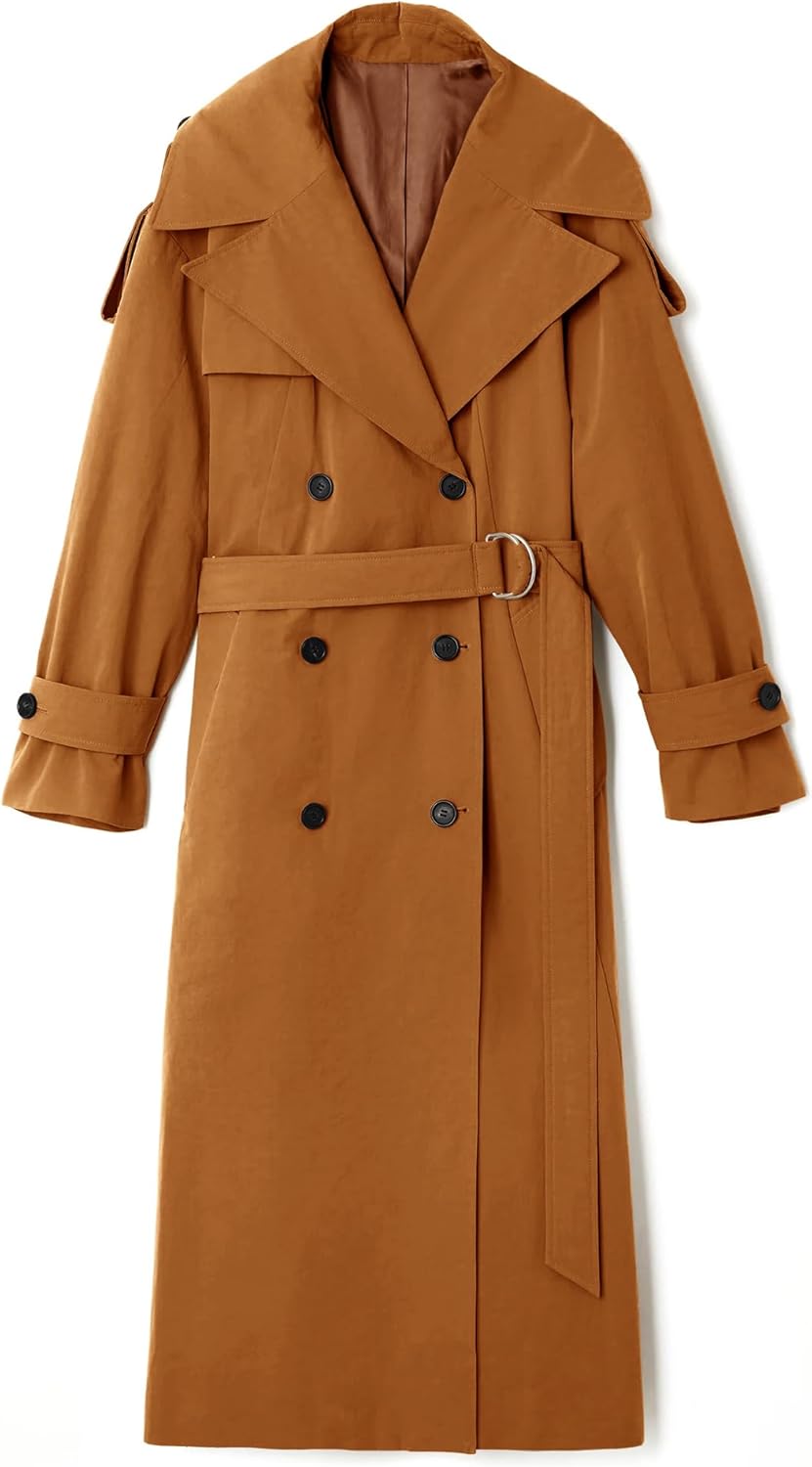 Farktop Womens Oversized Long Trench Coat Double Breasted Lapel Windproof Overcoat with Belt - Image 4