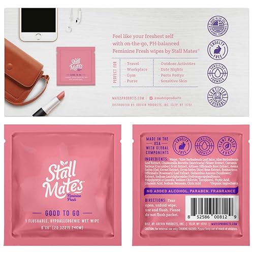 Miniatura 3 de Stall Mates Wipes Feminine Fresh toallitas femeninas desechables envueltas individualmente para viajar. Sin perfume y pH equilibrado con girasol,