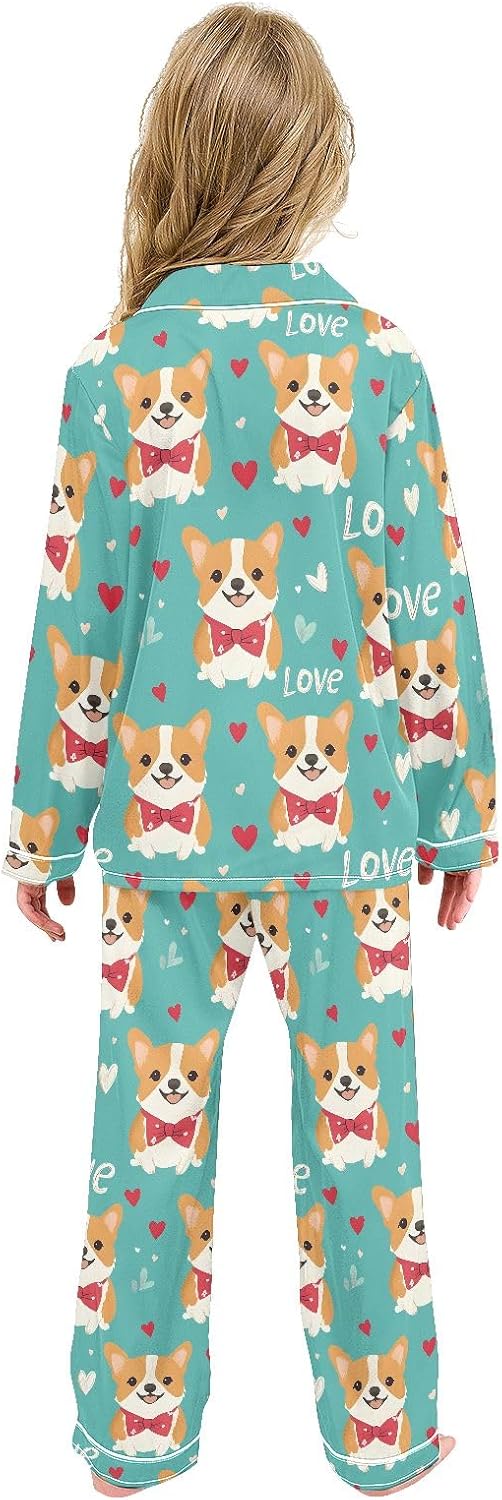 Kids Casual Satin Wear Set Love Corgi Pattern Unisex Relaxed Fit Clothing