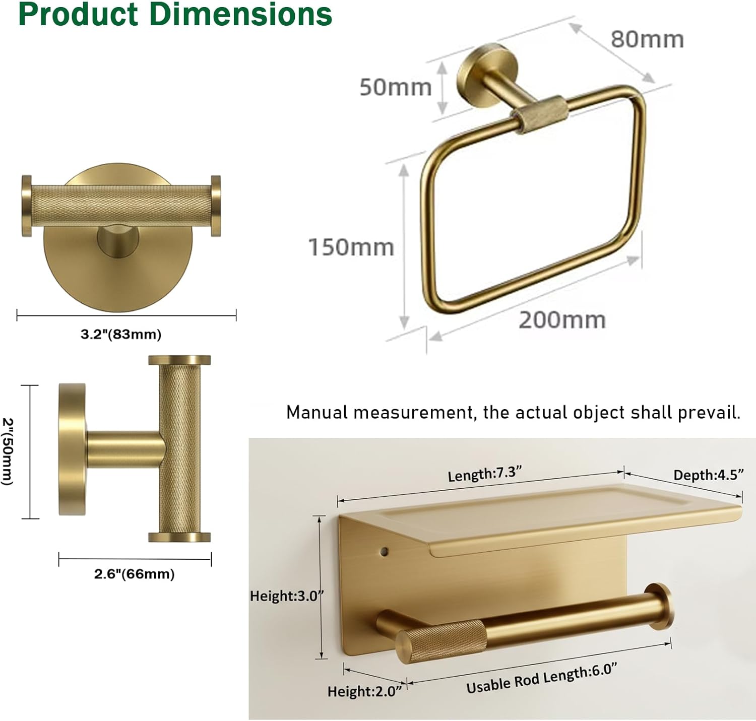 3-Piece Brushed Gold Bathroom Hardware Set, Toilet Paper Holder with Shelf, Towel Ring and Double Robe Hook, Wall Mounted Bathroom Accessories in 304 Stainless Steel with Brass Knurled Accents