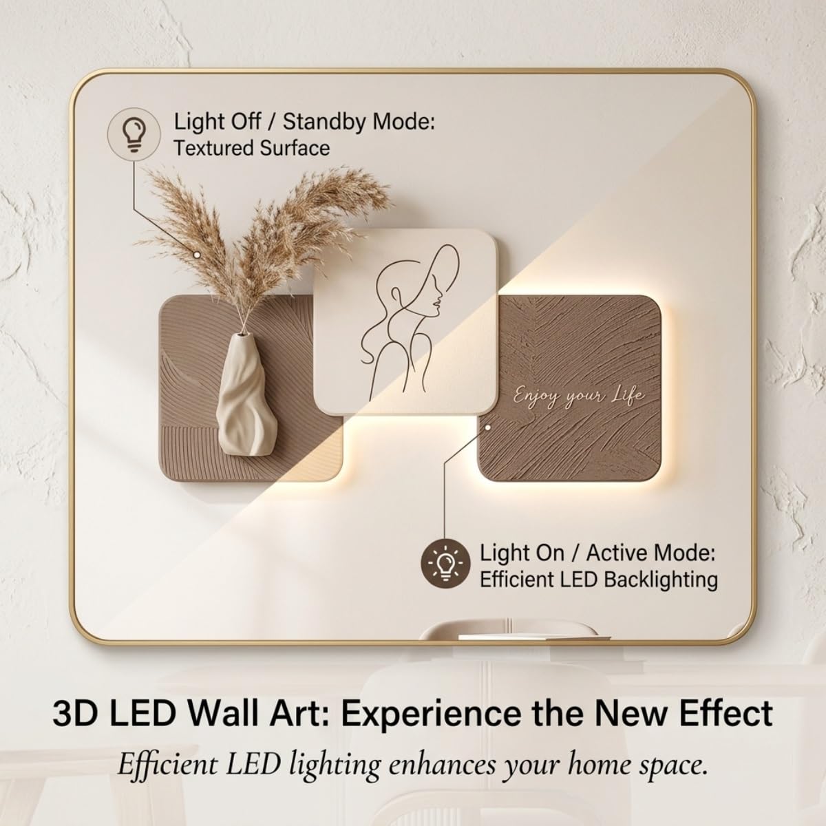 LED Wall Art with Vase, 3D Wabi-Sabi Style Wall Sculpture with Light, Modern Frameless Lighted Wall Decor for Living Room, Bedroom and Entryway(C,90 * 45cm/35.4 * 17.7in)