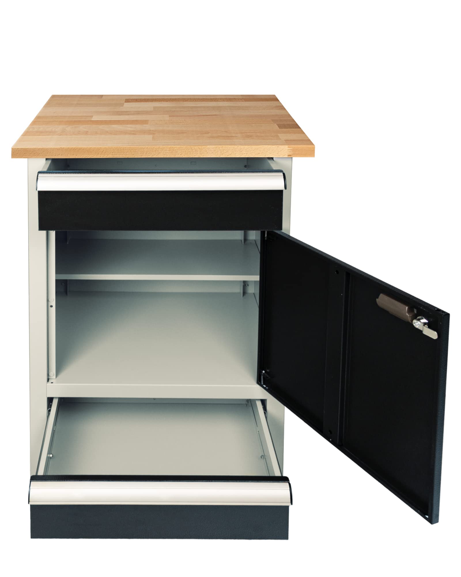 Ondis24 PRO Werkbank Finn 60cm Werktisch aus Metall mit 1 Tür 2 Schubladen und Aluminiumgriffen Schwarz Grau Arbeitshöhe 95cm wählbare Arbeitsplatte (Buche)