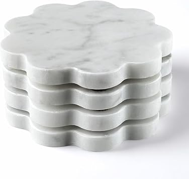Marble Coasters Set of 4 - Natural Stone Coaster for Drinks, Modern Cup Holders, Bar Coffee Table Desk Decor, Cool Home Decor 4" Calacatta White, Scalloped Round