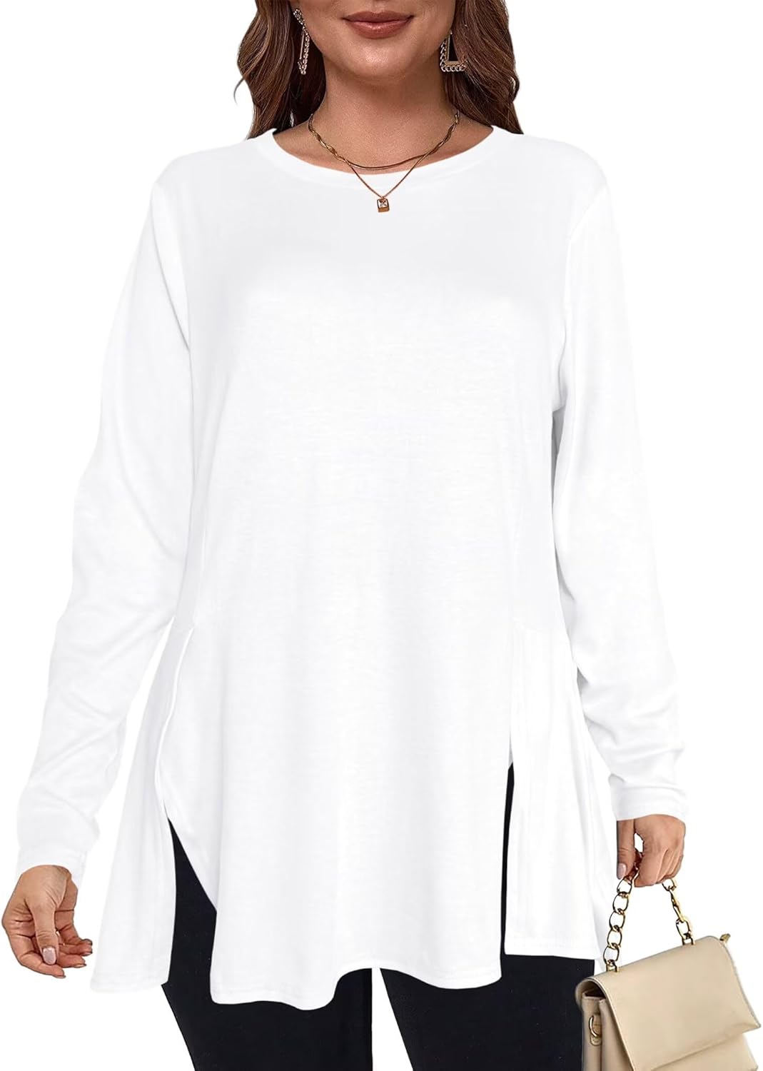 Afibi Crew Neck Long Sleeve Tunic Tops for Women Loose Fit Dressy for Leggings with Side Split - Image 3