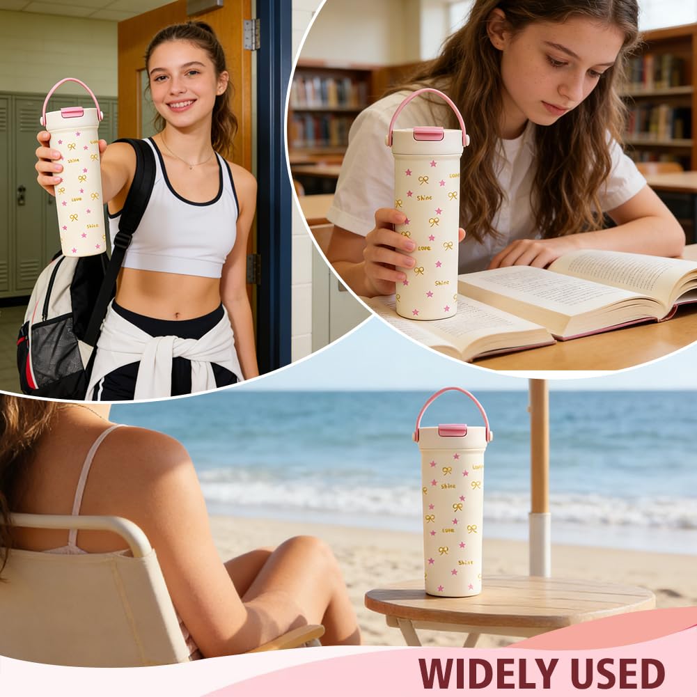 Pink Stainless Steel Straw Lid Tumbler 20oz with Bow Tie & Star Print - Image 5