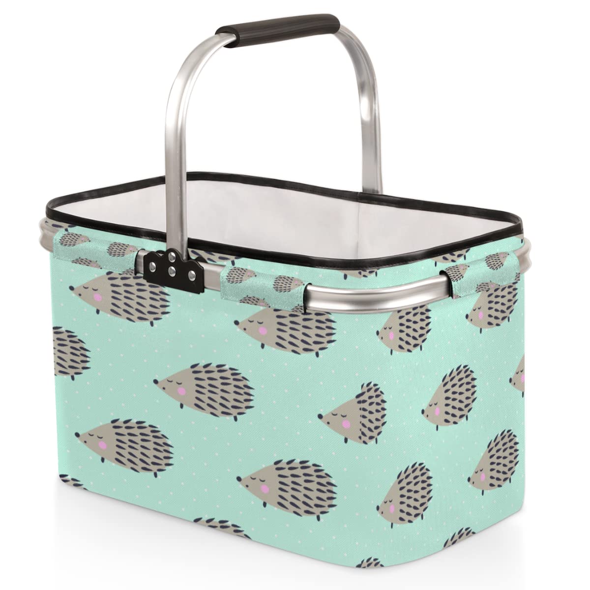 Hedgehog Folding Picnic Basket Large Collapsible Market Basket Aluminum Frame Cute Shopping Baskets Reusable Travel Camping Grocery Bags
