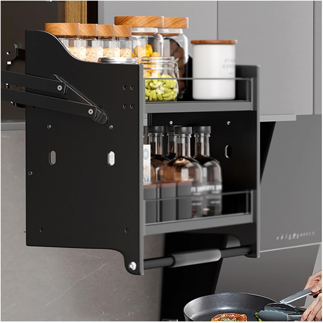 Upper and Lower Buffer High Cabinet Open Door Seasoning Basket,Heavy-Duty 2-Tier Wall Rack,for Home Cafe Wall Cabinet,600mm