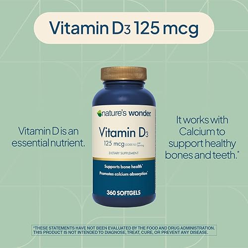 Miniatura 3 de Nature's Wonder Vitamina D3 5000iu (125mcg) de alta potencia, suplemento dietético para apoyar la salud ósea y el sistema inmunológico, sin gluten,