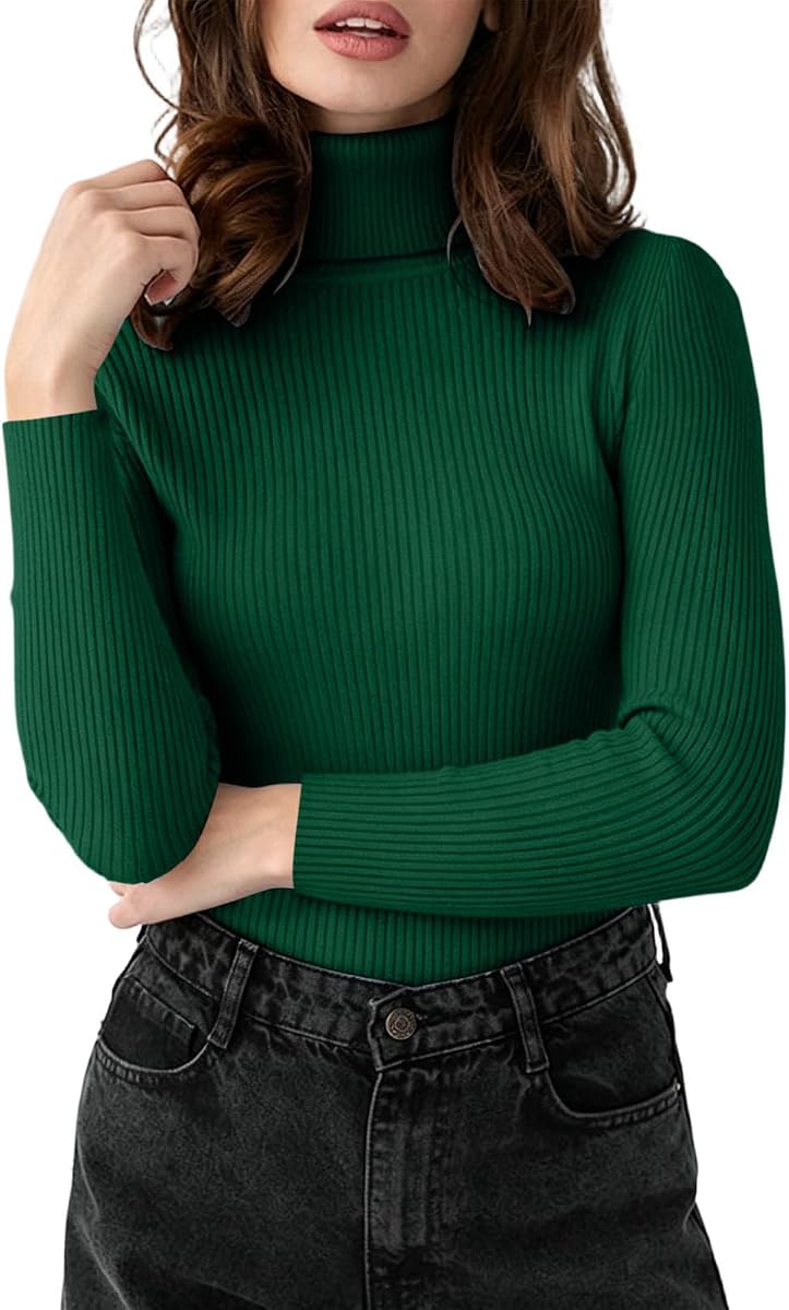 Women's Ribbed Turtleneck Long Sleeve Sweater Stretchy Layering Top
