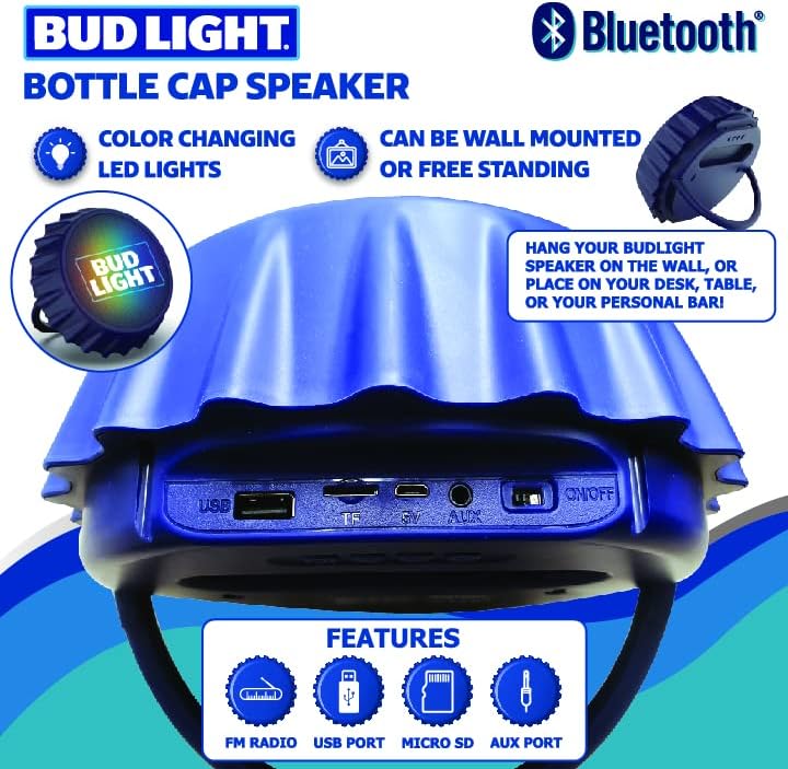 Rear view of the Bud Light Bluetooth Bottle Cap Speaker showing USB, TF, 5V, AUX ports and ON/OFF switch