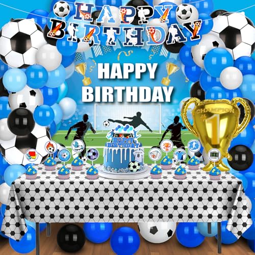 Soccer Birthday Party Decorations, 131PCS Blue Soccer Birthday Party Supplies Including Tablecloth Backdrop Banner Cake Topper Latex Balloons Foil Balloons Decorations Kit for Sport Ball Theme