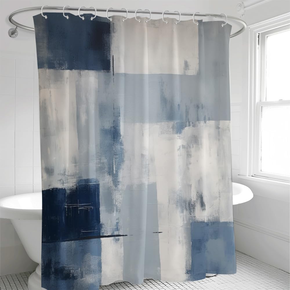 UIYIUI Blue and Gray Abstract Art Graffiti Shower Curtain 79X94in/200x240cm/WxH Vintage Oil Painting Color Block Privacy Bath Curtain for Bathtub Decor, Polyester Fabric with Hooks