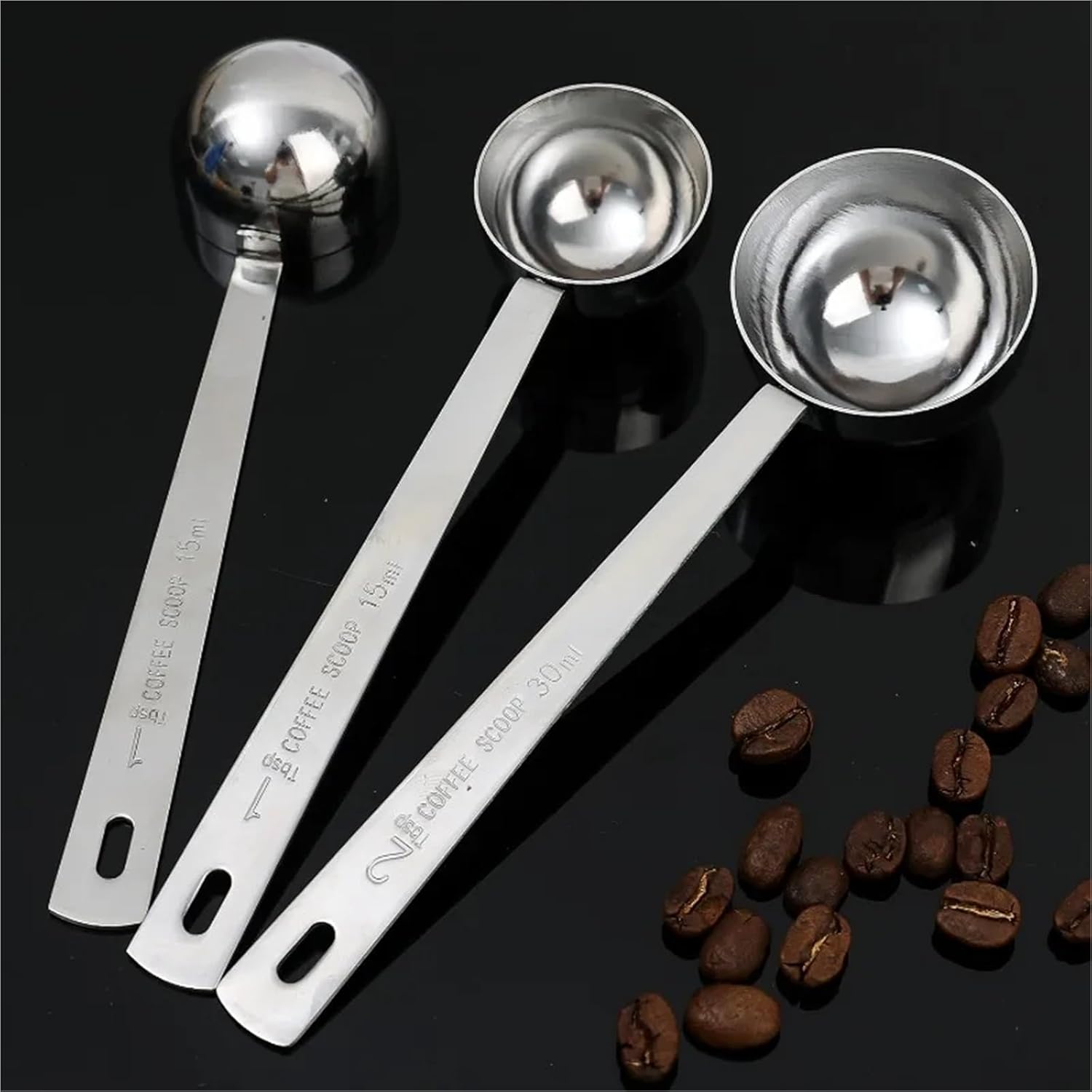 Coffee Scoop 2/4pcs Stainless Steel Powder Compactor Spoon with Scale Long Handle for Ground Spices Baking Measuring Supplies(30ML 15ML)