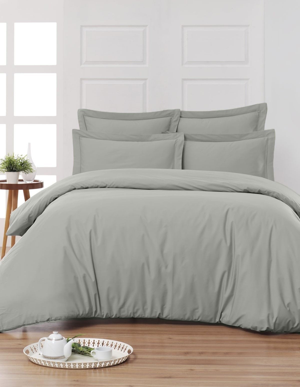 Set di biancheria da letto, 5 pezzi, tinta unita, per letto matrimoniale, 160 x 200 cm, 1 lenzuolo con angoli + 1 lenzuolo sopra + 2 federe 50 x 70 cm + 1 federa per cuscino in 100% cotone a 57 fili