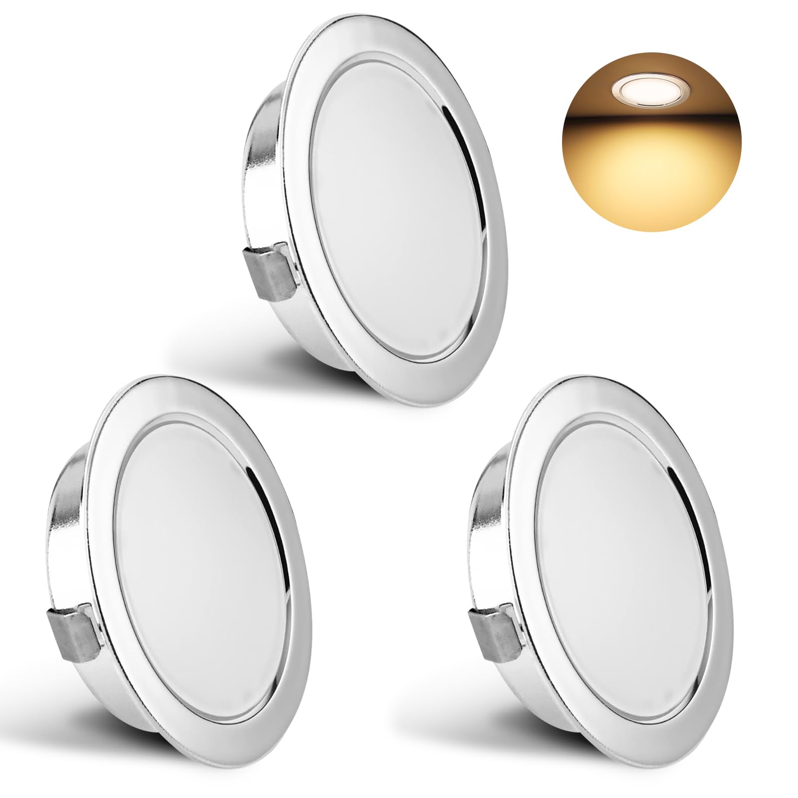 YindaLux 3er Set LED Einbaustrahler 230V 3W 3000K Warmweiß, Ultra Flach 300LM Bohrloch 55-58mm und 15mm Flache, IP44 Möbeleinbauleuchte Einbauspots für Spiegelschrank, Chrom
