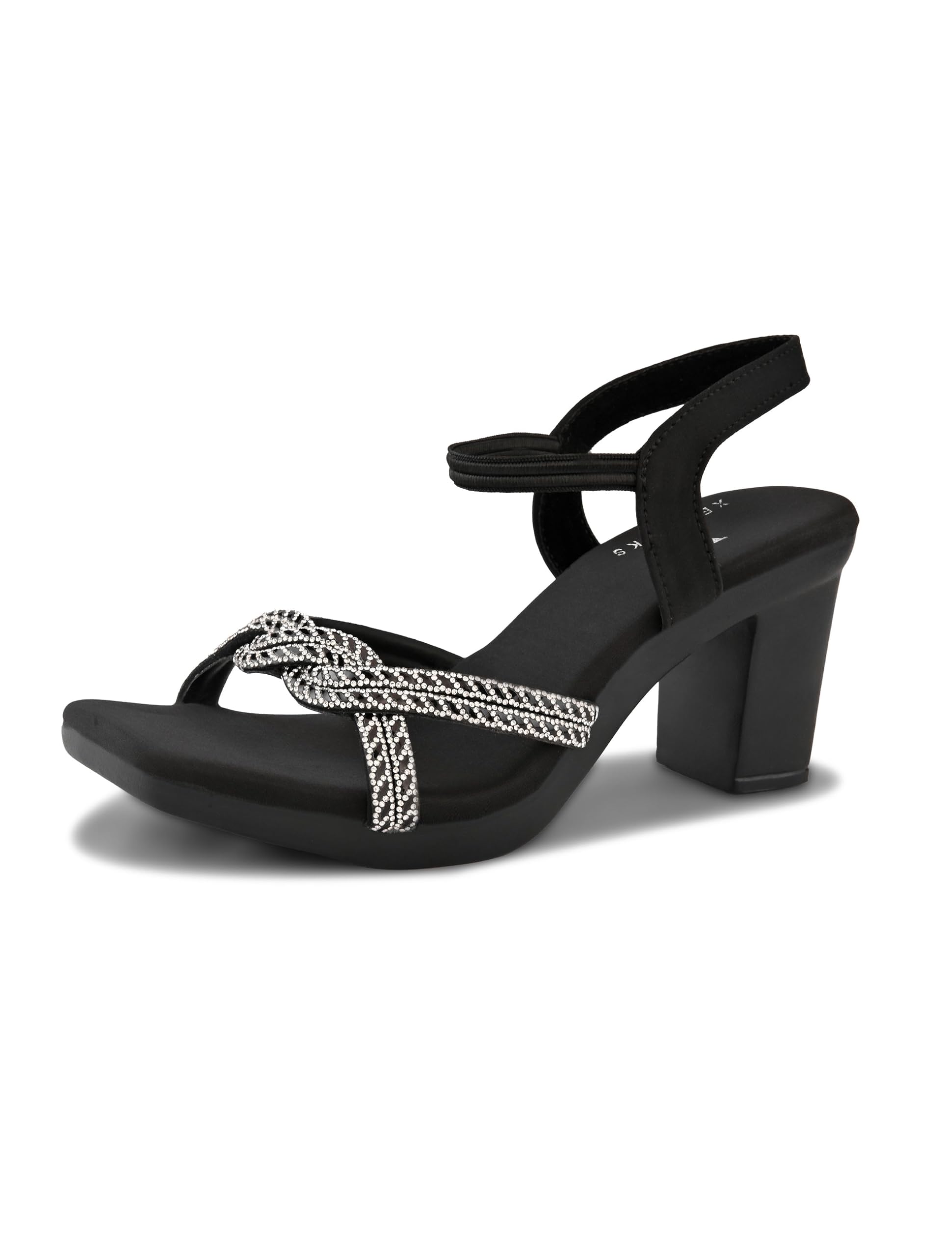 Women’s Block Heel Sandals with Elastic Ankle Strap | Rhinestone Embellished Knot Strap | Soft Cushioned Footbed | Open Toe Comfortable Heeled Sandals-image-33