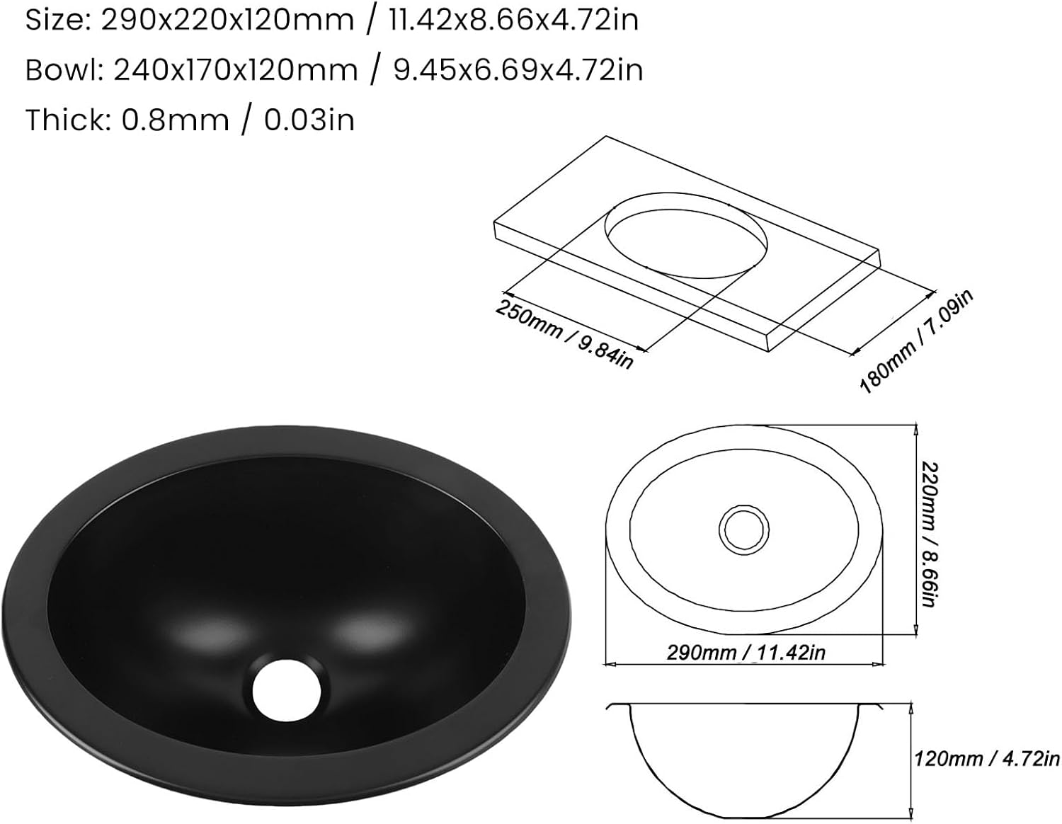 Generic RVラウンドシンク、バスルームシンク304ステンレス鋼1.6インチの出口11.4 X 8.7 X 4.7インチボート