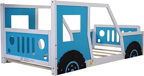 Miniatura 5 de Goohome Cama de plataforma clásica en forma de automóvil individual, marco de cama de madera con ruedas para niños y niñas, soporte de listones